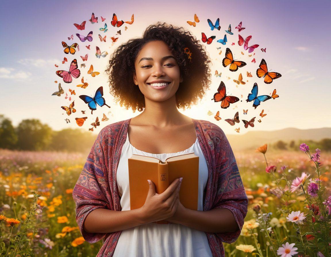 A confident woman of diverse ethnic backgrounds, standing tall in a sunlit meadow, embracing her body with a warm smile. Surround her with symbols of empowerment like books, flowers, and butterflies, representing growth and freedom. The background features a gentle gradient of colors that evoke a sense of peace and self-love. Focus on celebrating femininity and strength. vibrant colors. super-realistic.