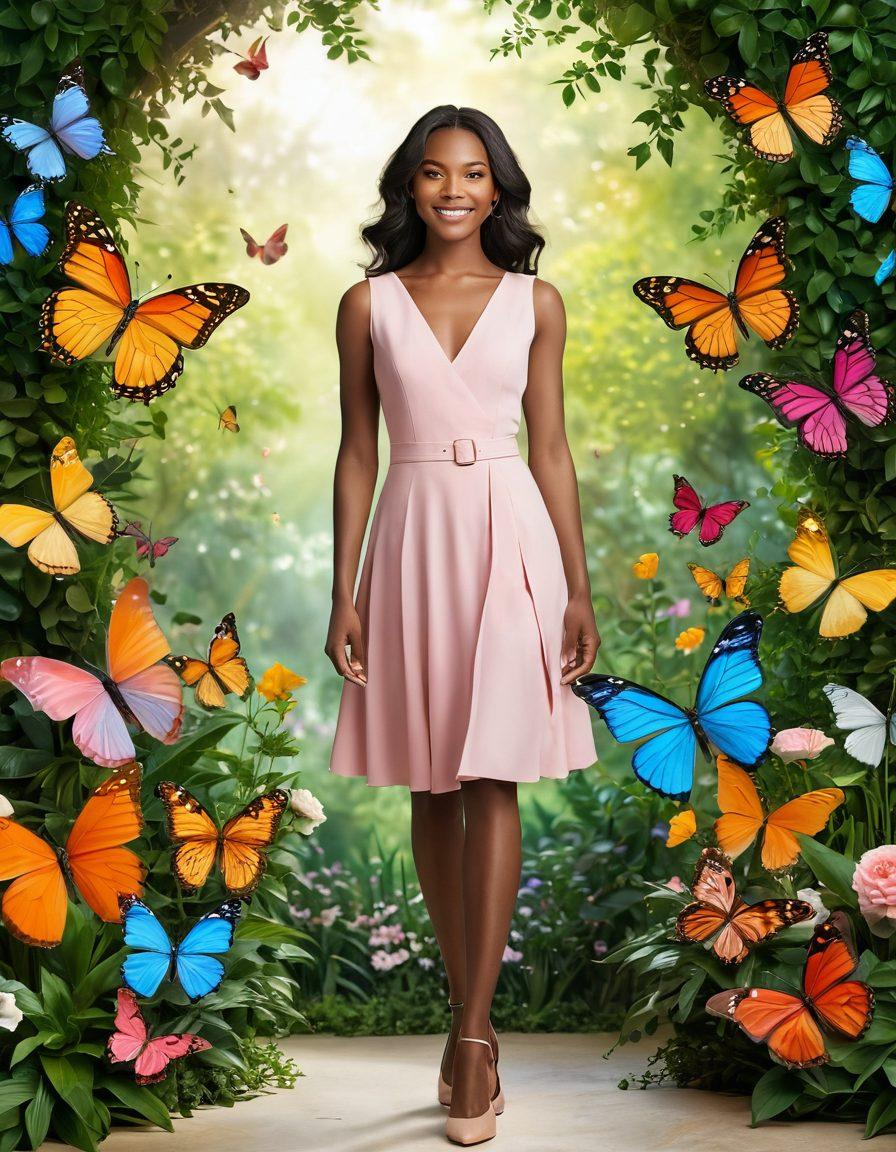 A confident woman standing tall with a radiant smile, wearing a stylish outfit that beautifully highlights her femininity without being overtly revealing. Surround her with soft, warm lighting that creates an uplifting atmosphere, complemented by petals and symbols of empowerment like butterflies fluttering around her. The background should depict a serene and vibrant garden, symbolizing growth and self-acceptance. super-realistic. vibrant colors. 3D.