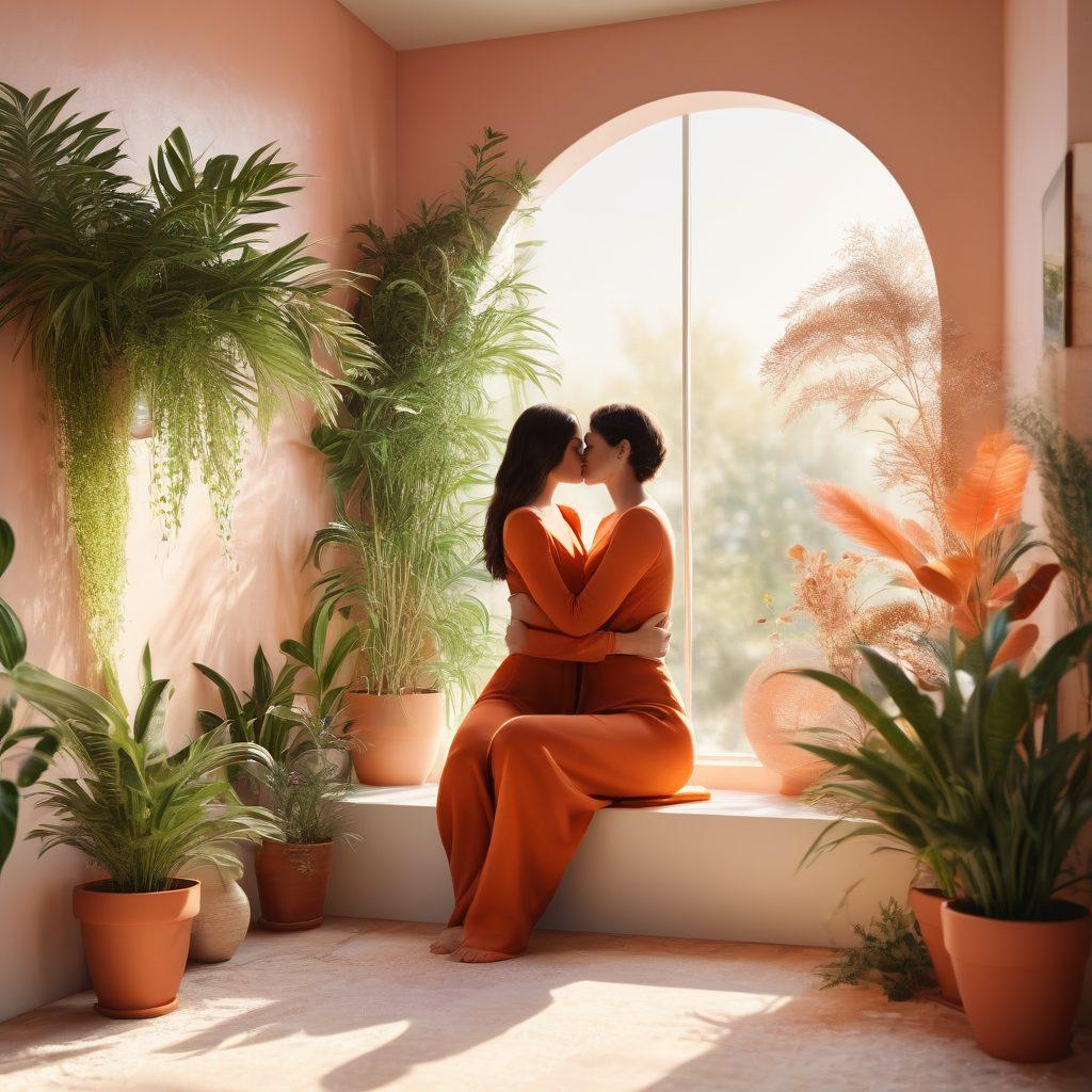 A serene scene illustrating a person embracing themselves in a sunlit room filled with plants and soft textures, symbolizing self-love and intimacy. Surround them with gentle abstract shapes representing pleasure and connection, incorporating warm colors to evoke a sense of comfort and joy. Include subtle elements like a heart-shaped mirror reflecting their joyful expression. soft focus. vibrant colors. 3D.